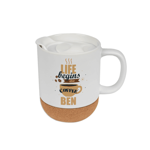 Keramische Mok met Kurken Bodem en Deksel – Personaliseerbaar (330 ml)